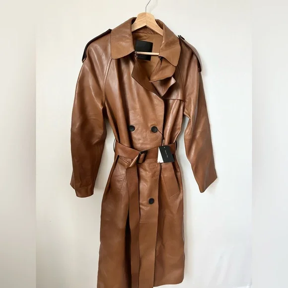 Massimo Dutti leather trench coat brown belted classic casual jacket - Picture 12 of 13